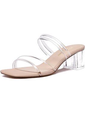 Women's Clear Block Chunky Heels Square Open Toe Strappy Heel  Slip On Shoes